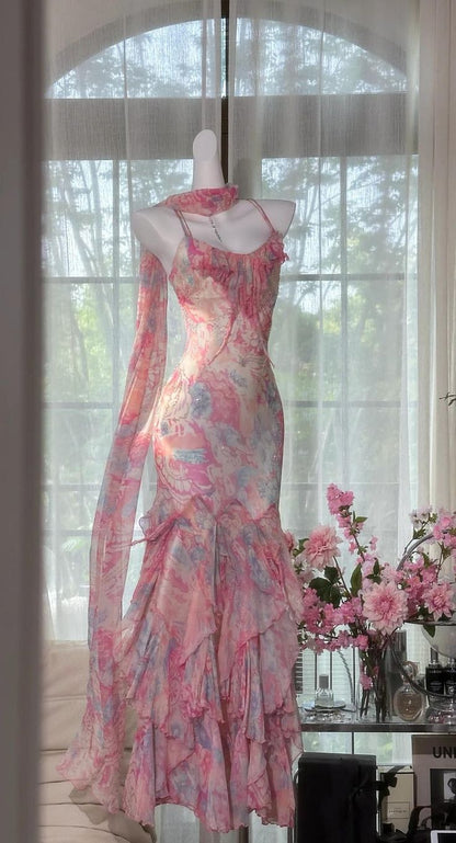 Flowy Mermaid Spaghetti Strap Print Flower Pink Chiffon Party Dress SH3292