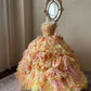 Romantic Yellow Colorful Flower Sweetheart Neck Ball Gown Layered Organza Prom Dress Birthday Dress SH3633