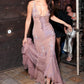 Vintage Mermaid Spaghetti Straps Beaded Chiffon Satin Prom Dress Wedding Guest Dress SH4293