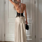 Apricot A Line Halter V Neck Lace Satin Backless Long Prom Dress Evening Dress SH5763
