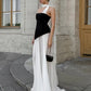Classic Elegant A Line Strapless Black Satin White Chiffon Prom Dress Evening Dress SH5757
