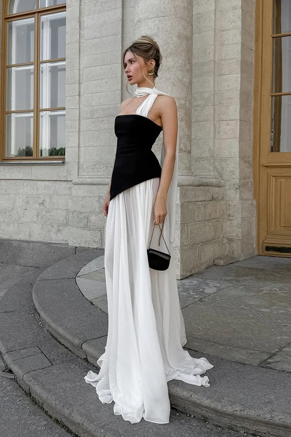 Classic Elegant A Line Strapless Black Satin White Chiffon Prom Dress Evening Dress SH5757