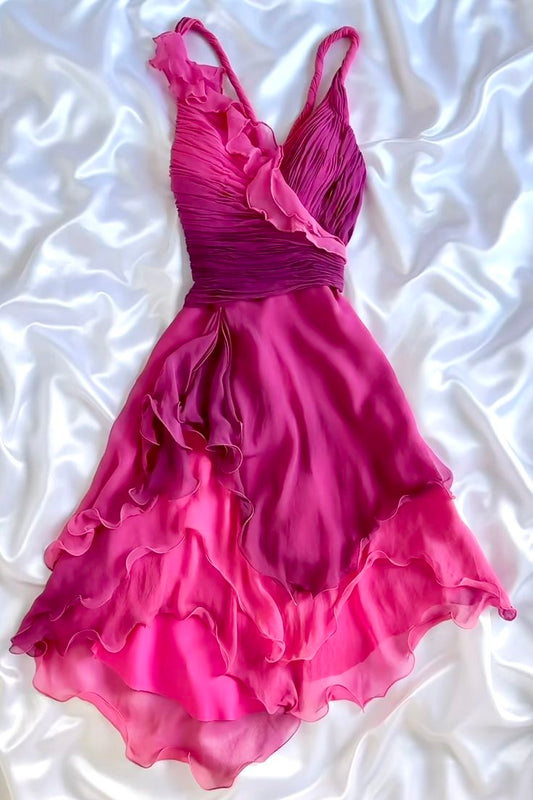 Pink Ombre A Line Straps Layered Ruffle Chiffon Homecoming Dress Outfits SH3739