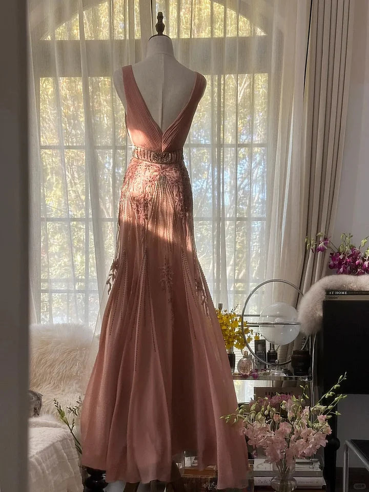 Elegant Mermaid V Neck Beaded Pink Chiffon Party Dress Evening Dress SH2882