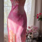 Pink Print Floral Sheath Spaghetti Straps Lace Chiffon Prom Dress Evening Dress SH3783