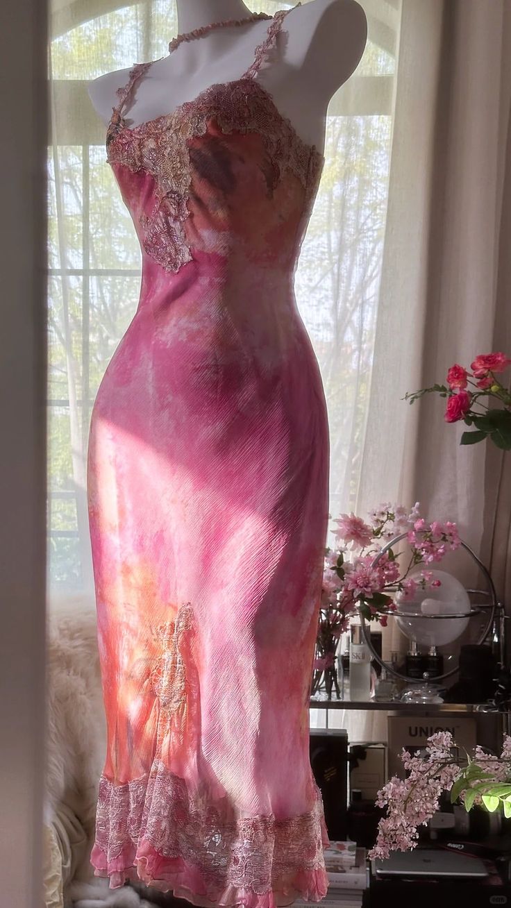 Pink Print Floral Sheath Spaghetti Straps Lace Chiffon Prom Dress Evening Dress SH3783