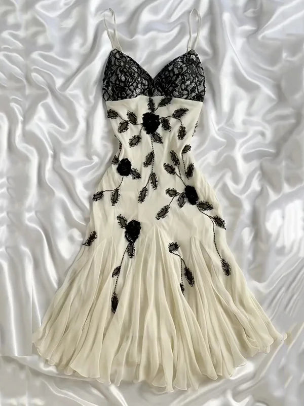 Elegant A Line Spaghetti Strap Black Lace Beaded Ivory Chiffon Party Dress Evening Dress SH2848