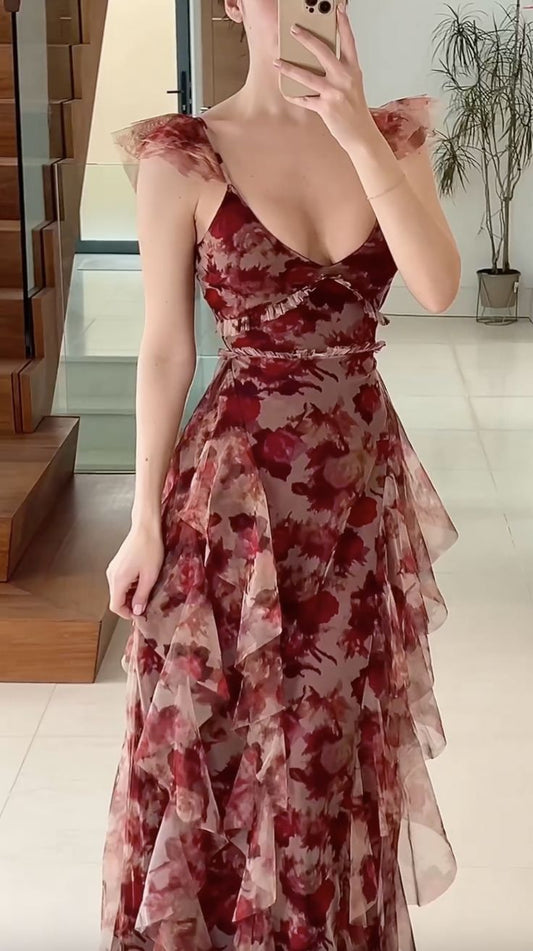 Vintage A Line Print Floral Irregular Ruffles Tulle Long Prom Dress Evening Party Dress SH4072
