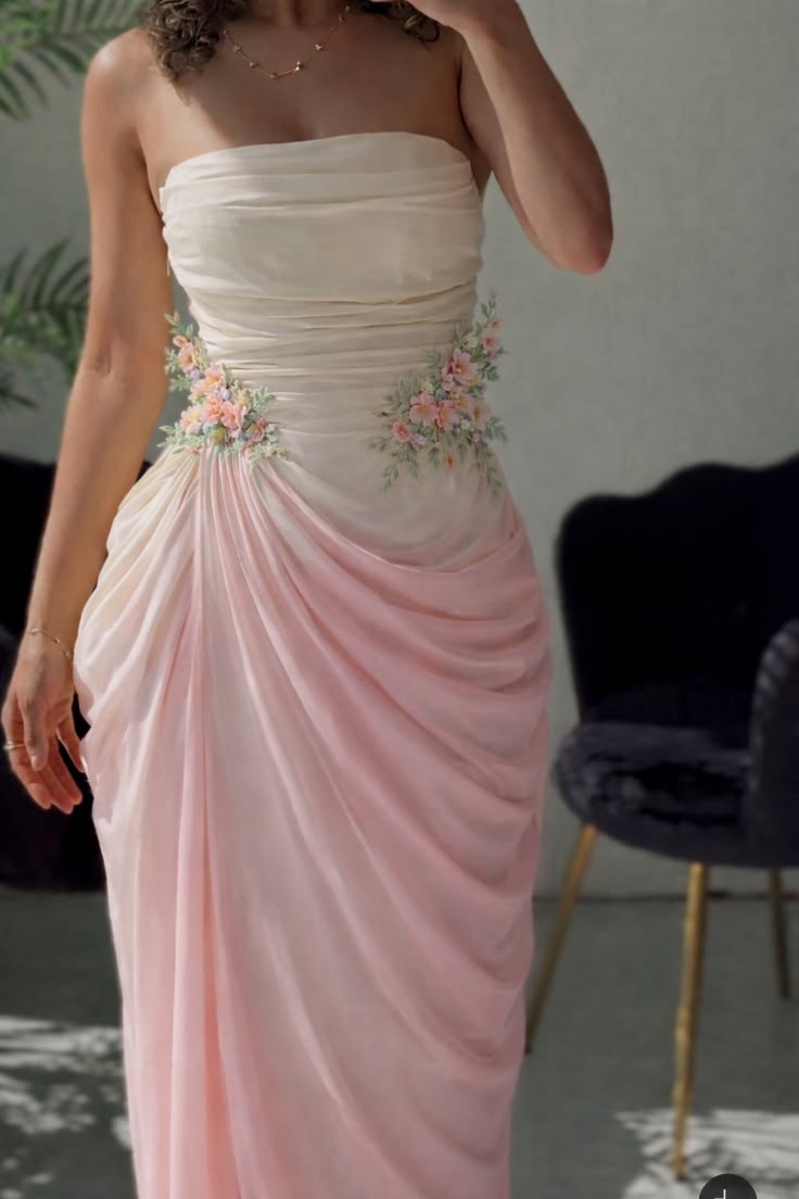 Sweety White-pink Ombre Sheath Strapless Pleated Chiffon Prom Dress Evening Dress SH6928