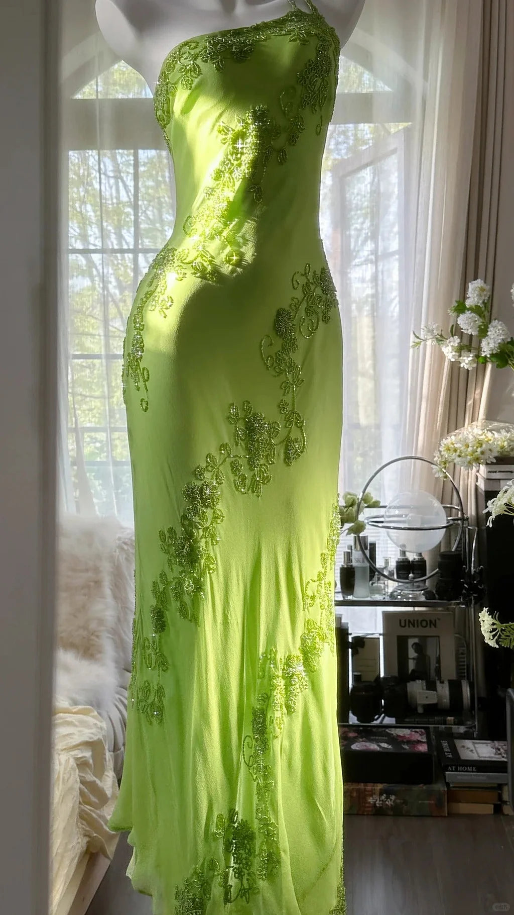 Stunning Sheath One Shoulder Beaded Green Chiffon Party Dress Evening Dress SH2873