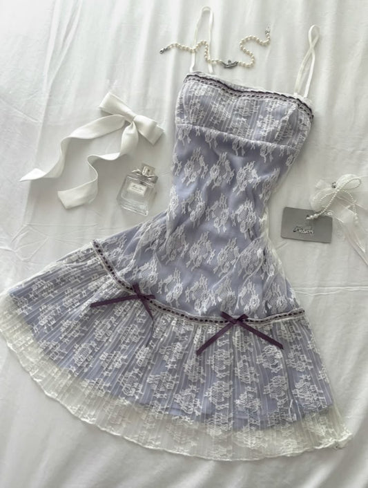 Sweety A Line Straps White Lace Purple Satin Short Homecoming Dress Outfits SH5732