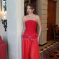 Sexy Red A Line Strapless Beaded Chiffon Satin Long Prom Dress Party Dress with Slit SH4816