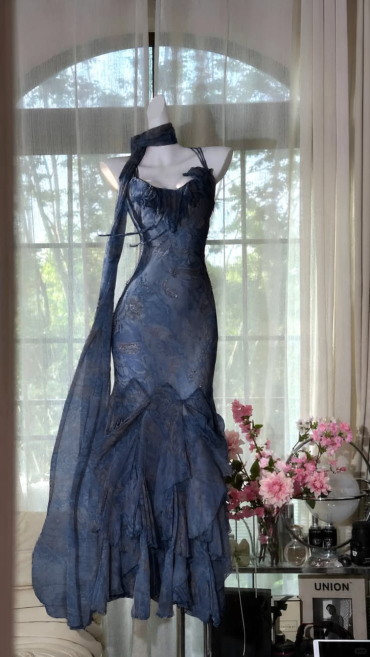 Pretty Dark Blue Mermaid Straps Exquisite Beaded Ruffle Chiffon Long Prom Dress SH6709