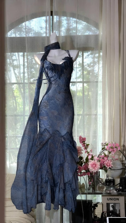 Pretty Dark Blue Mermaid Straps Exquisite Beaded Ruffle Chiffon Long Prom Dress SH6709