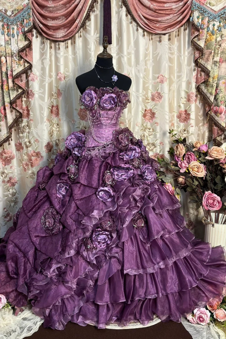 Vintage Purple Ball Gown Strapless Floral Beaded Layered Organza Prom Dress 18th Birthday Dress SH4523