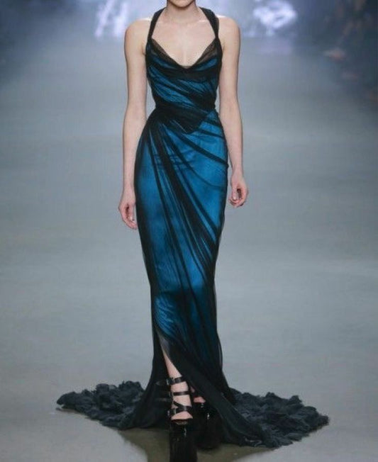 Mermaid Halter Black Tulle Blue Satin Prom Dress Party Dress SH4298