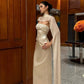 Elegant Sheath Strapless Beaded Ivory Satin Long Prom Dress Evening Dress SH5144