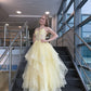 Pretty Yellow A Line Spaghetti Straps Beaded Sequin Corset Tulle Prom Dress SH6420