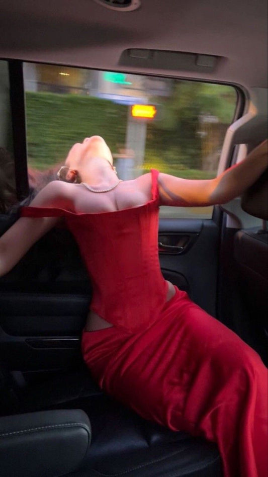 Two Piece Sheath Spaghetti Strap Burgundy Satin Party Dress Evening Dress SH2855