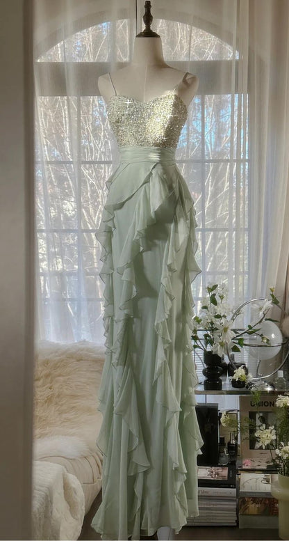 Mint Green Sheath Spaghetti Strap Ruffle Beaded Chiffon Prom Dress Evening Dress SH2506