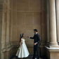 Elegant Princess A Line V Neck White Satin Long Prom Dress Wedding Dress SH7547