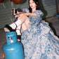 Romantic A Line Puff Sleeve Print Flower Blue Chiffon Party Dress Evening Dress with Slit SH2866
