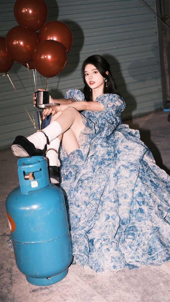 Romantic A Line Puff Sleeve Print Flower Blue Chiffon Party Dress Evening Dress with Slit SH2866