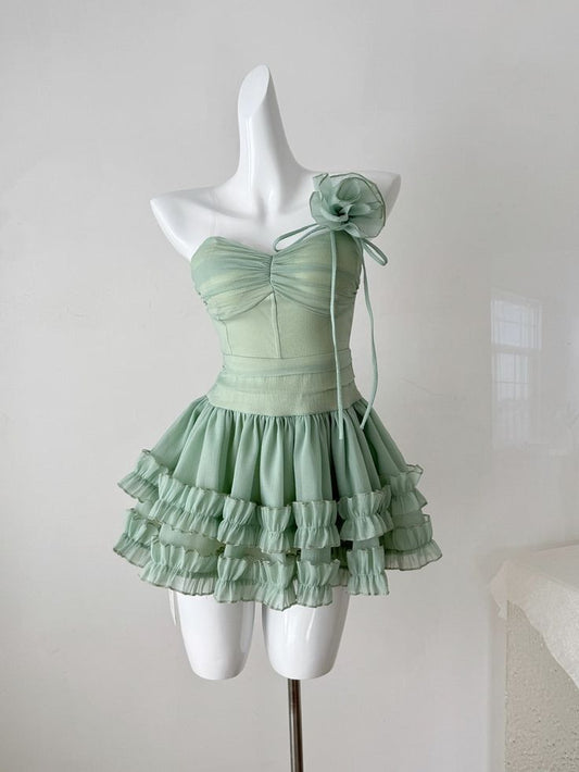 Flowy A Line Strapless Layered Green Chiffon Short Homecoming Dress Cocktail Dress SH3175