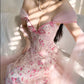 Cute Pink Print Floral A Line Satin Tulle Prom Dress 16th Birthday Dress Wedding Guest Dress SH4283