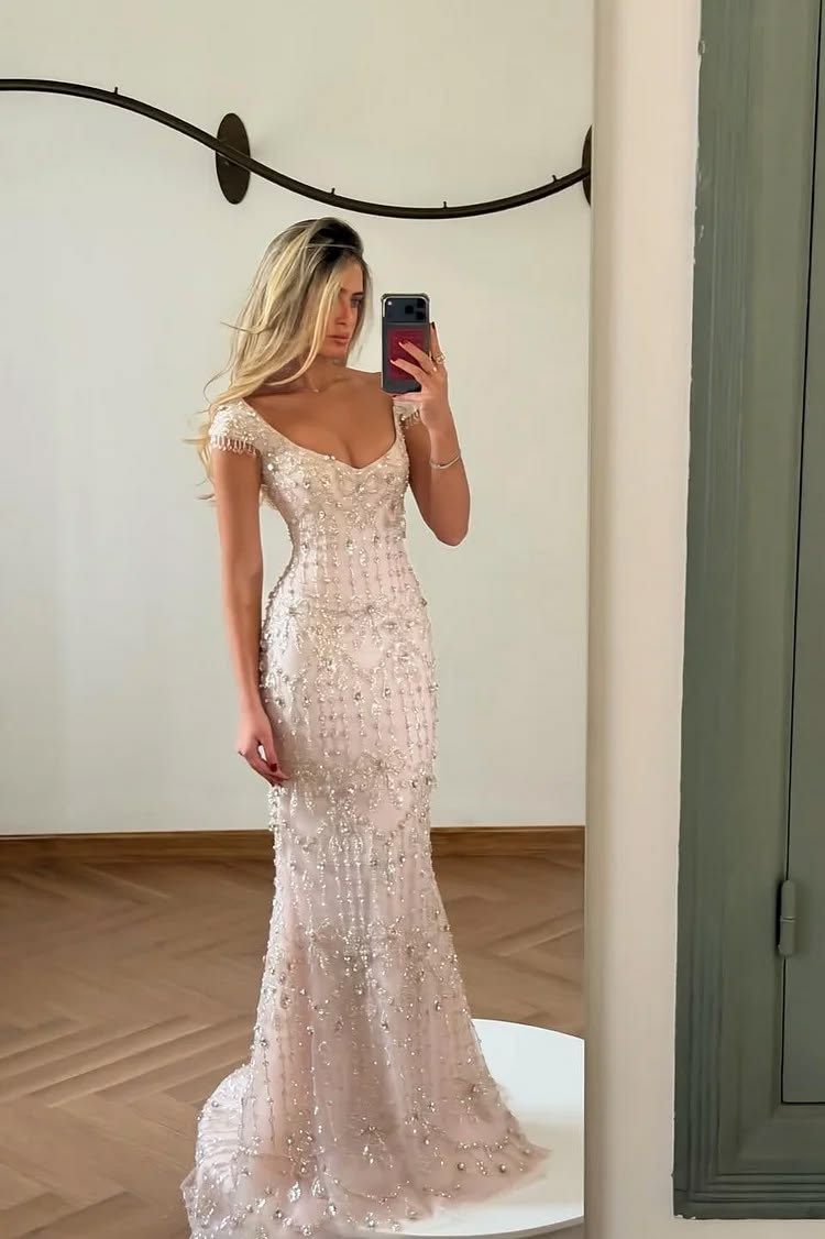 Princess Mermaid Exquisite Beaded Light Pink Tulle Long Prom Dress Evening Dress SH7052
