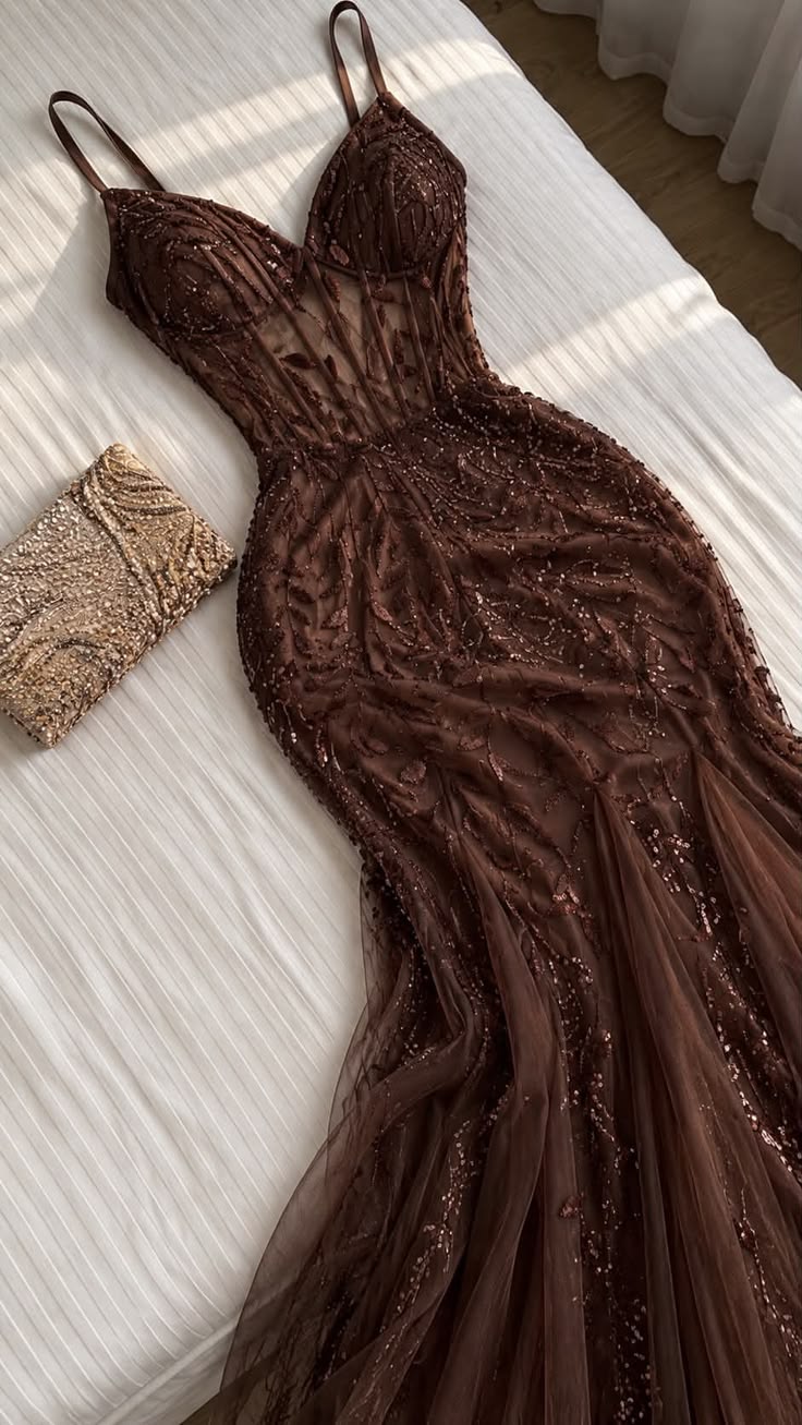 Brown Mermaid Spaghetti Strap Beaded Tulle Long Prom Dress SH8770