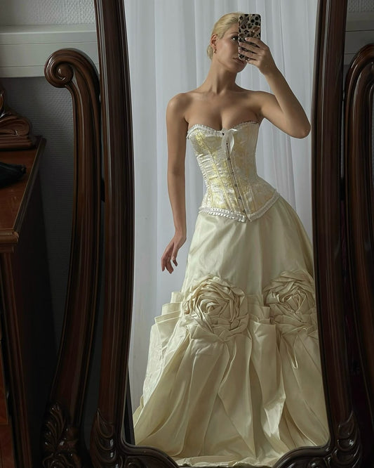 Vintage Ball Gown Sweetheart Neck Corset Floral Satin Prom Dress Party Dress SH4258