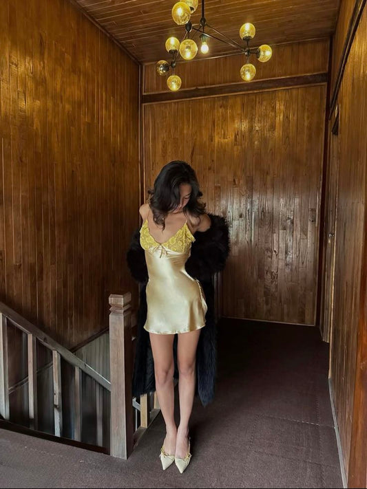 Cute Yellow A Line Spaghetti Straps Lace Satin Short Homecoming Dress SH8439