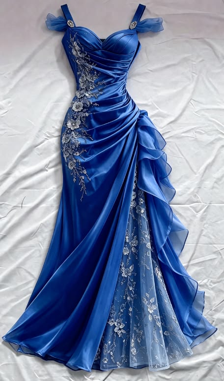 Royal Blue 3D Floral Mermaid Beaded Tulle Satin Prom Dress Evening Dress SH6457