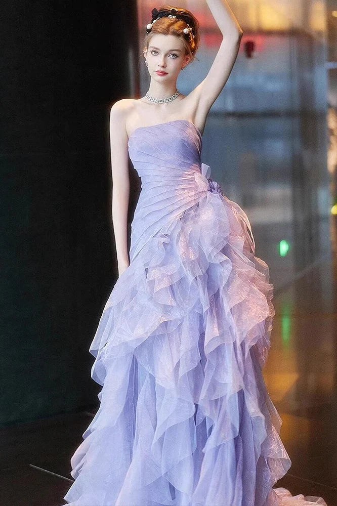 Lilac Ball Gown Strapless Pleated Layered Organza Tulle Long Prom Dress Evening Dress SH7212