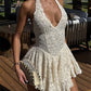 Sweety Ivory A Line Halter Lace Backless Short Homecoming Dress Mini Dress SH8045