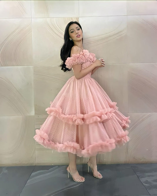 Peach Pink A Line Off the Shoulder Layered Tulle Prom Dress Party Birthday Dress SH3676