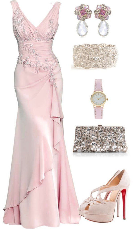 Pink Mermaid V Neck Appliques Satin Prom Dress Wedding Guest Dress Date Dress SH4444