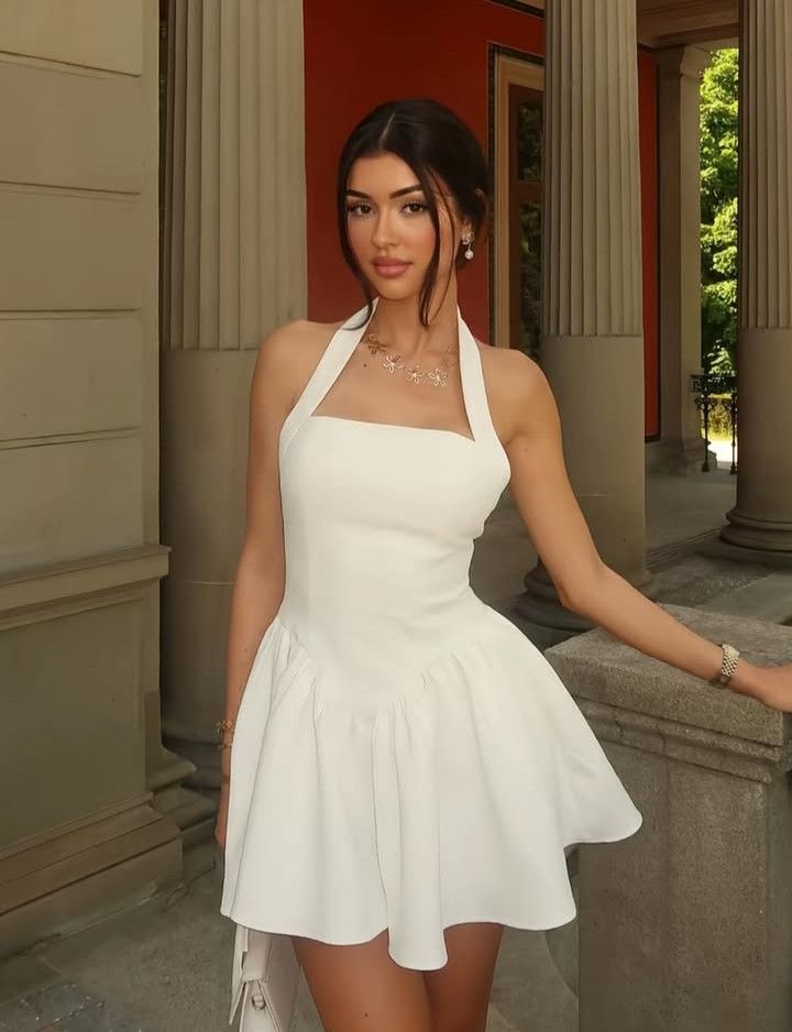 Simple White A Line Halter Satin Backless Short Prom Dress Homecoming Dress SH8934
