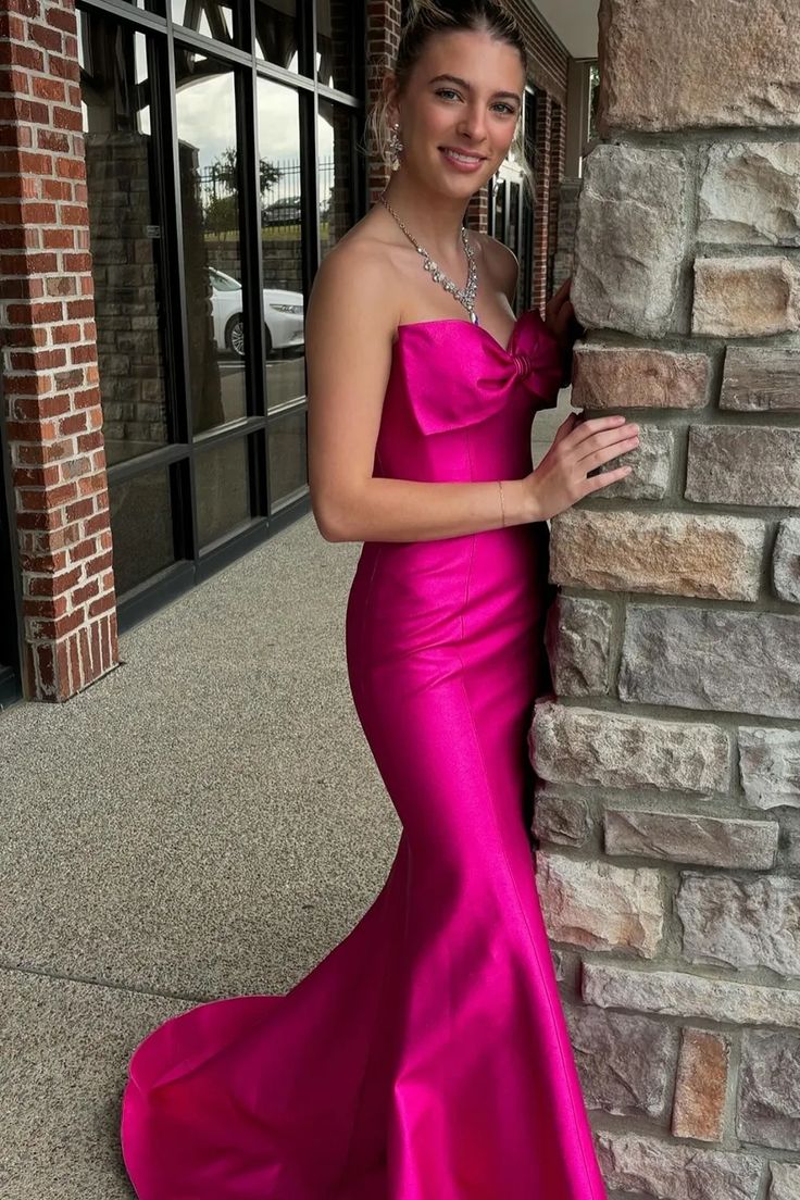 Hot Pink Mermaid Strapless Bow Satin Long Prom Dress Evening Dress SH1733