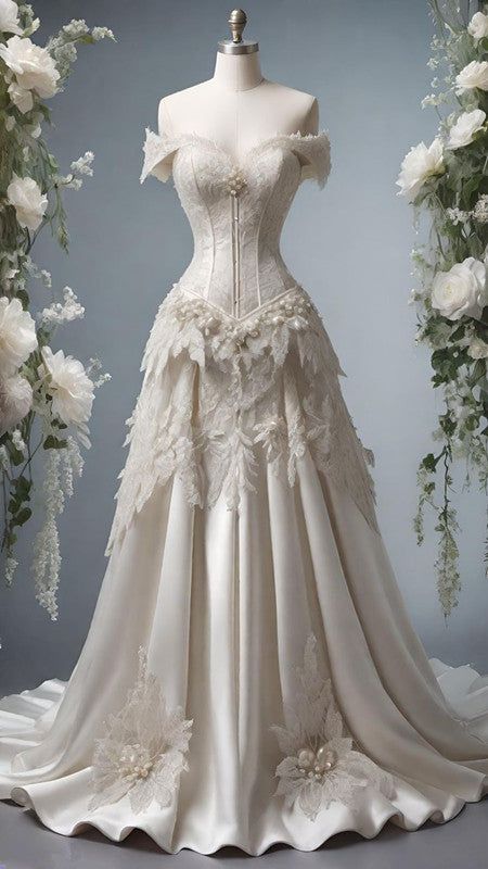 Charming A Line Off the Shoulder Lace Pearl Satin Long Prom Dress Evening Dress SH2430