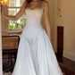 Ethereal A Line Spaghetti Strap Pleated White Chiffon Satin Long Wedding Dress SH7065