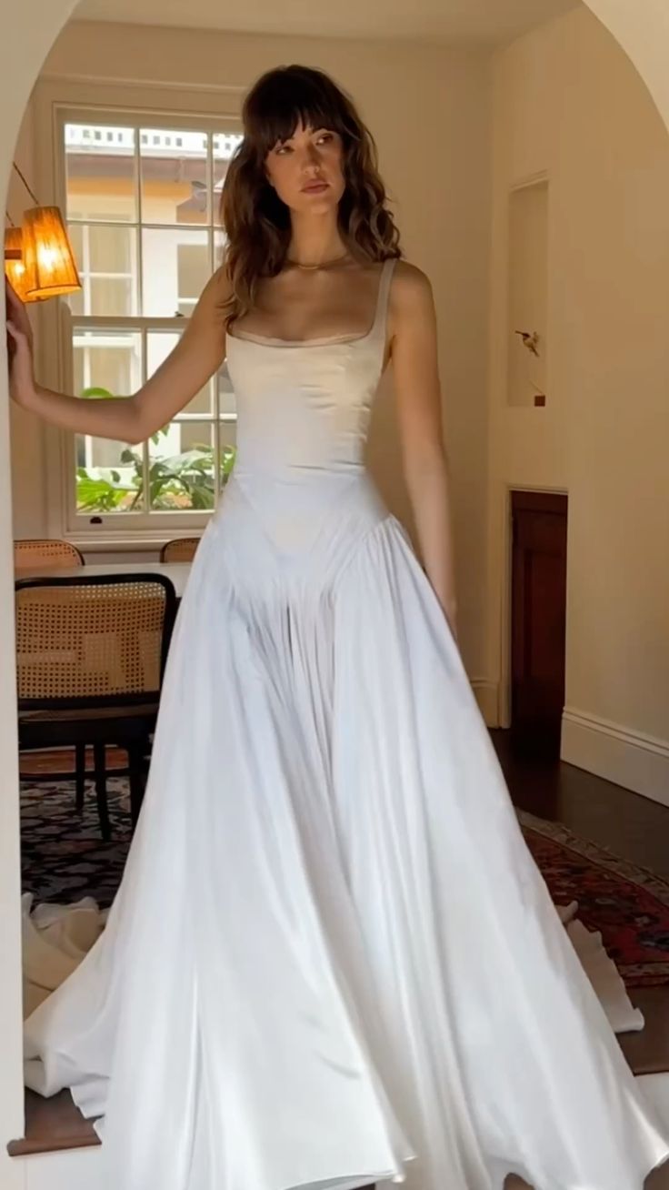 Ethereal A Line Spaghetti Strap Pleated White Chiffon Satin Long Wedding Dress SH7065
