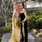 Glamorous Sheath Off the Shoulder Beaded Sequin Golden Satin Prom Dress Evening Dress SH7206