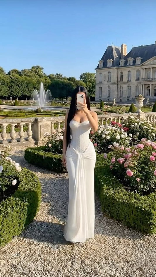 White Sheath Sweetheart Neck Lace Chiffon Long Prom Dress Evening Dress SH8447