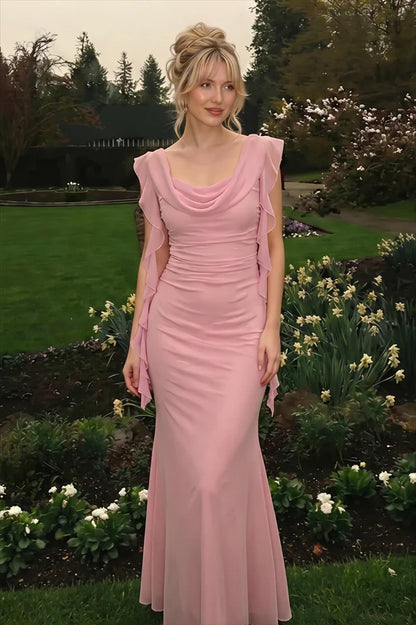 Pink Mermaid Strap Ruffle Chiffon Prom Dress Evening Dress SH5760