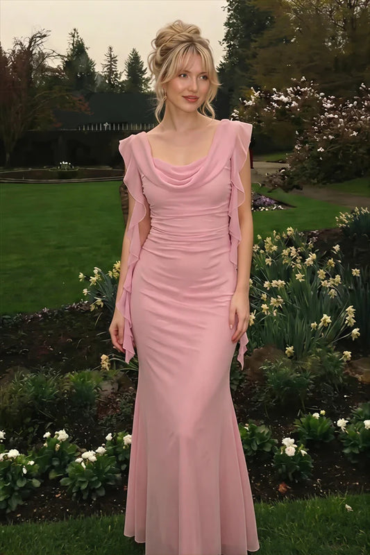 Pink Mermaid Strap Ruffle Chiffon Prom Dress Evening Dress SH5760