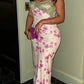 Pink Print Floral Sheath Straps Satin Prom Dress Evening Dress SH5765