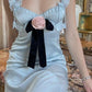 Cute A Line Spaghetti Straps Flower Bow Blue Satin Long Prom Dress Graduation Prom SH2652