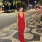 Red Print Sheath V Neck Chiffon Long Prom Dress Evening Dress Outfits SH7252